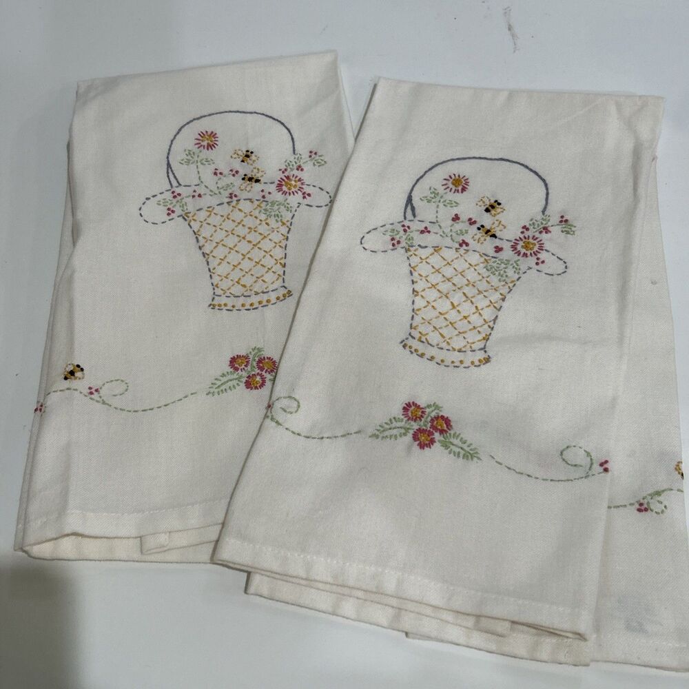 Set of 2 Hand Embroidered Cream Dish Tea Towels Floral Basket Bees